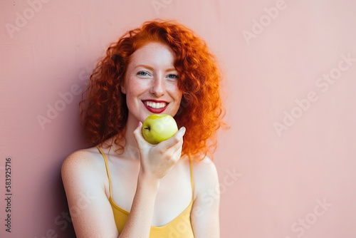 Red-haired woman eating an apple. Generative AI photo