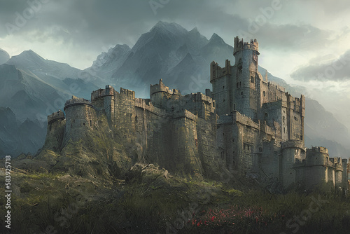 Fototapet A stone castle with broken turrets and overgrown weeds build in the mountains as a fortress to defend and guard against invading armies in medieval times has seen many wars and battles
