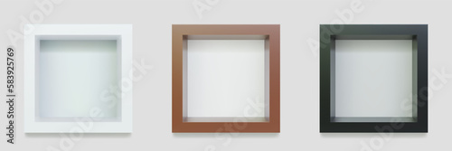 Set of empty cube shelves or niches on white wall 3D mockup. Shop, gallery plastic or wooden showcase to present product. Blank retail storage space. Interior design furniture. Living room bookshelf
