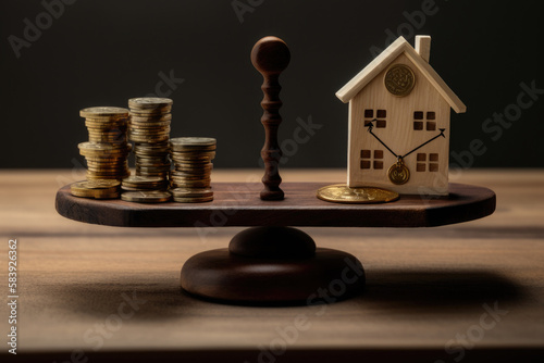 Vintage scales with wooden house figurine and coins