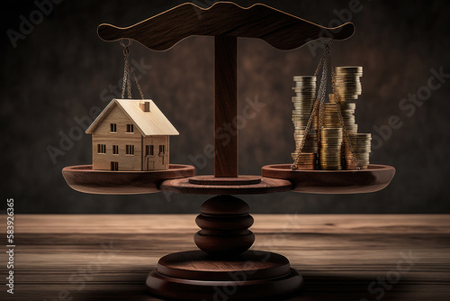 Vintage scales with wooden house figurine and coins photo