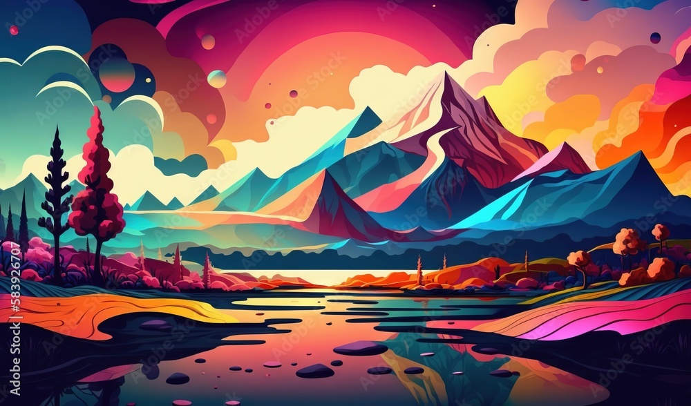  a painting of a mountain landscape with a lake in the foreground and a sunset in the background with clouds and mountains in the background.  generative ai