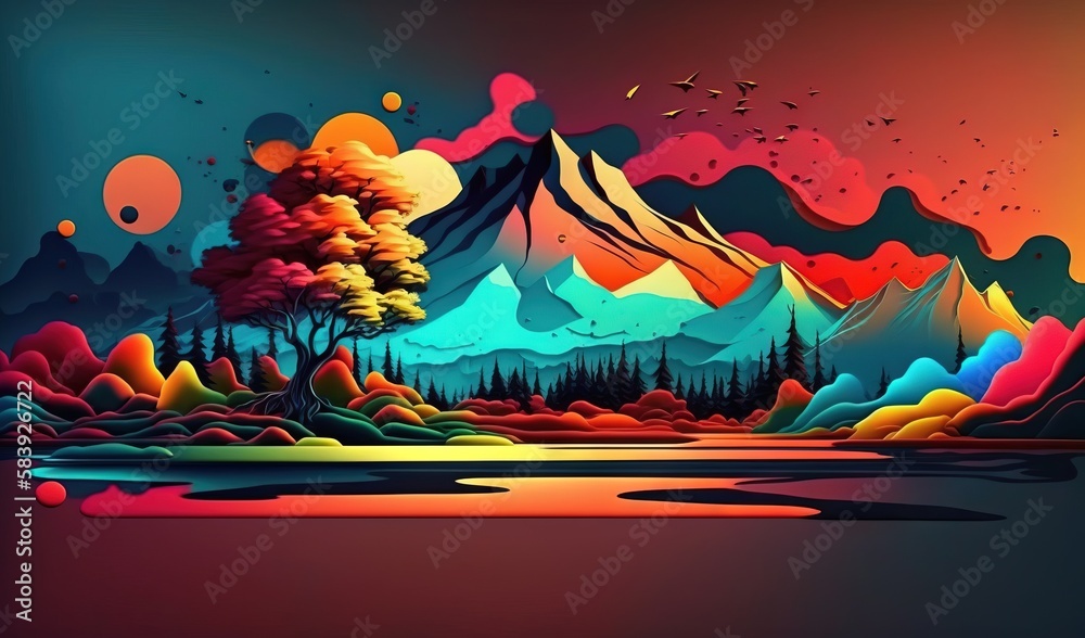  a painting of a mountain landscape with a lake and trees in the foreground and birds in the distance, with a sunset in the background.  generative ai
