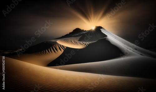  the sun shines brightly over the sand dunes of a desert area with a mountain in the distance and the sun shining through the clouds.  generative ai
