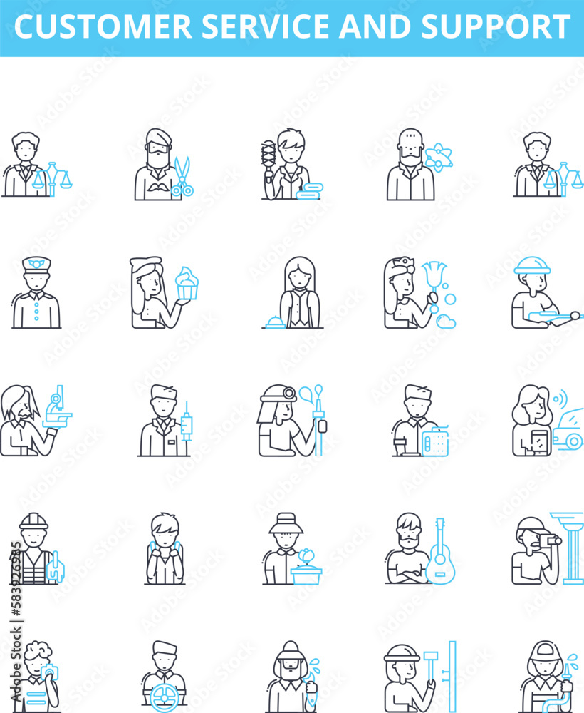 Customer service and support vector line icons set. Customer, Service, Support, Help, Assistance, Inquiry, Query illustration outline concept symbols and signs Customer service and support vector line icons set. Customer, Service, Support, Help, Assistance, Inquiry, Query illustration outline concept symbols and signs