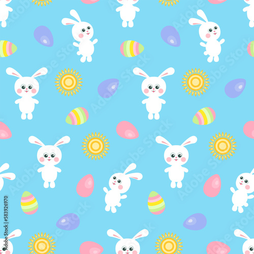 Easter seamless pattern with cute bunnies  sun and colored eggs on blue. Festive spring background. Vector cartoon flat illustration.