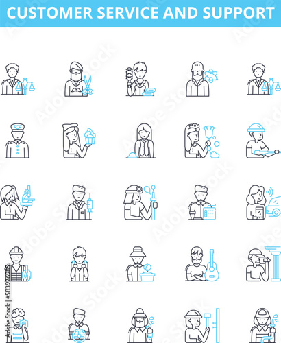 Customer service and support vector line icons set. Customer, Service, Support, Help, Assistance, Inquiry, Query illustration outline concept symbols and signs