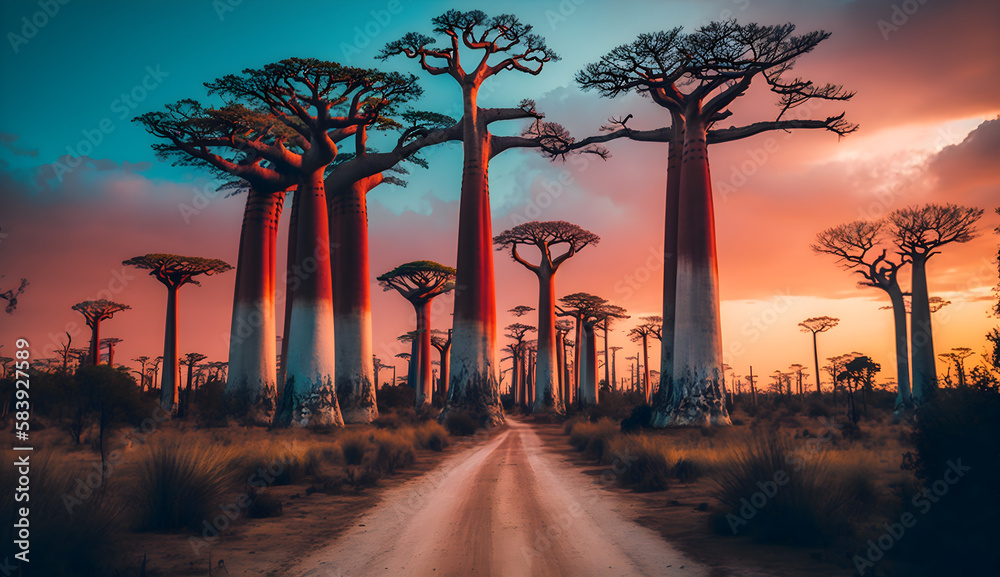 Avenue of the Baobabs, Madagascar, sunset in the park, sunrise in the forest, - obrazy, fototapety, plakaty 