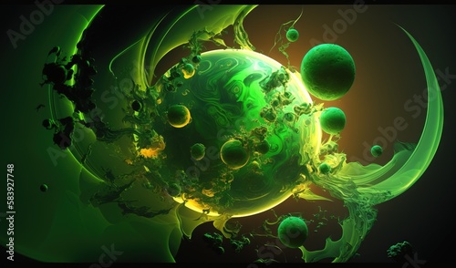  a computer generated image of a green and yellow sphere with many smaller green balls in the middle of the image, with a black background.  generative ai