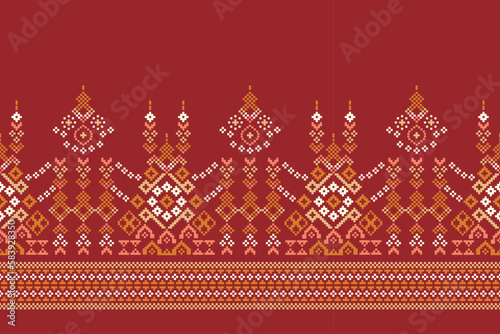 Ethnic geometric fabric pattern Cross Stitch.Ikat embroidery Ethnic oriental Pixel pattern crimson red background. Abstract,vector,illustration.For texture,clothing,wrapping,decoration,carpet.
