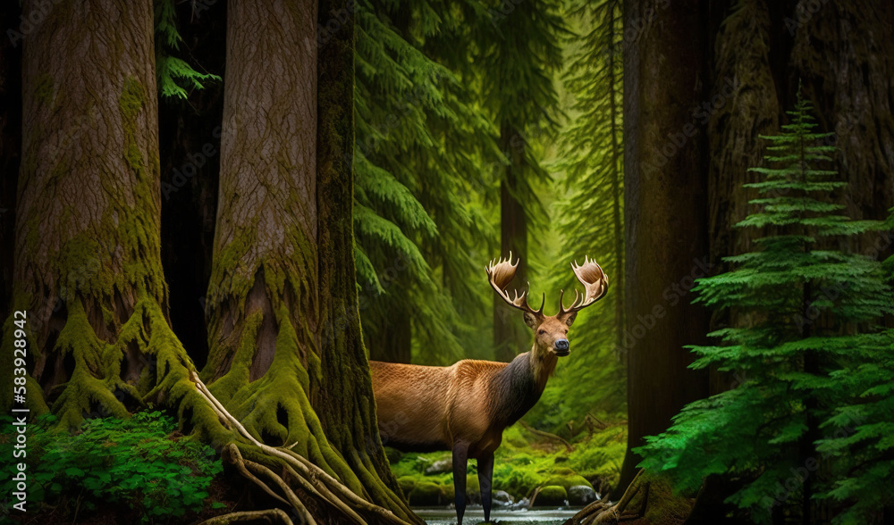 a deer standing in the middle of a forest with trees and a stream ...