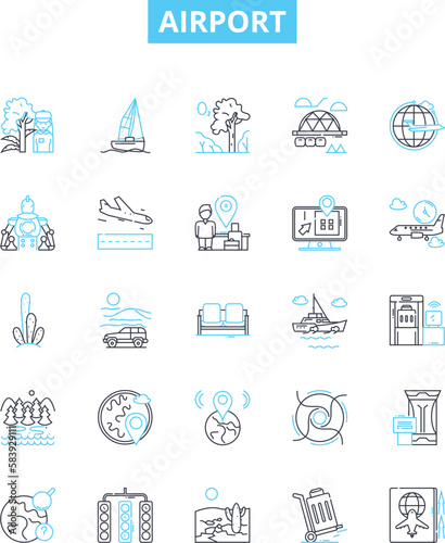Airport vector line icons set. Airport, Terminal, Check-in, Terminal-, TSA, Runway, Arrival illustration outline concept symbols and signs
