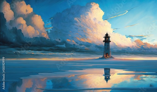  a painting of a lighthouse in the middle of a body of water with clouds in the sky above it and a reflection of water below it.  generative ai © Anna