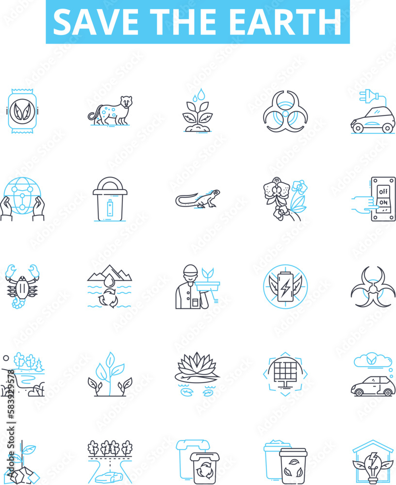 Save the earth vector line icons set. Preserve, Protect, Conserve, Sustainability, Recycle, Green, Reduce illustration outline concept symbols and signs Save the earth vector line icons set. Preserve, Protect, Conserve, Sustainability, Recycle, Green, Reduce illustration outline concept symbols and signs