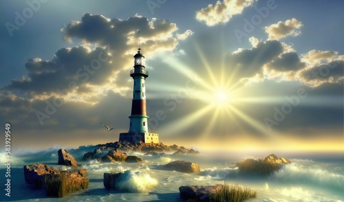  a painting of a lighthouse in the ocean with the sun shining through the clouds over the water and rocks in the foreground, with a bird flying in the foreground. generative ai