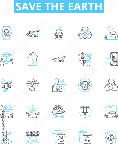 Save the earth vector line icons set. Preserve  Protect  Conserve  Sustainability  Recycle  Green  Reduce illustration outline concept symbols and signs