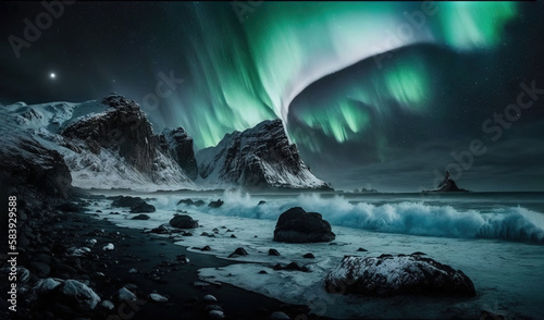  a green and blue aurora bore over a rocky beach with waves crashing on the shore and rocks in the foreground, and a dark sky filled with stars. generative ai