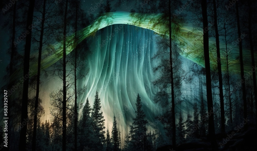  a painting of a green and white aurora bore in the night sky with trees and a mountain in the foreground and a moon in the distance.  generative ai