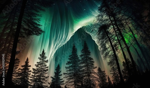  the aurora bore in the night sky with trees and stars in the sky and a bright green aurora bore in the middle of the night sky.  generative ai © Anna