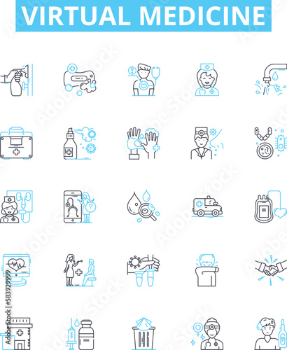 Virtual medicine vector line icons set. Virtual, Medicine, Telemedicine, Technology, Online, Healthcare, Doctors illustration outline concept symbols and signs