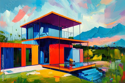 Image of a house made from used shipping containers. Placed and arranged according to the architect's design. Colored with attractive colors. Images are presented using medium oil painting. 