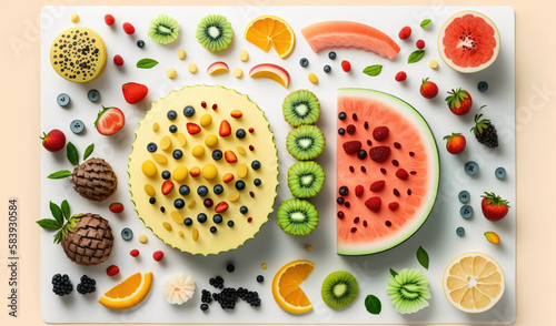 a variety of fruits are arranged on a white plate with a white background. generative ai