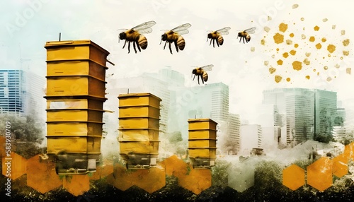 Urban beehive concept, rooftop beekeeping in the city. Importance of pollinators, biodiversity, and sustainable agriculture within urban spaces. Eco friendly local honey production. Generative AI