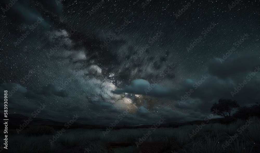 a night sky with stars and clouds above a field and trees.  generative ai