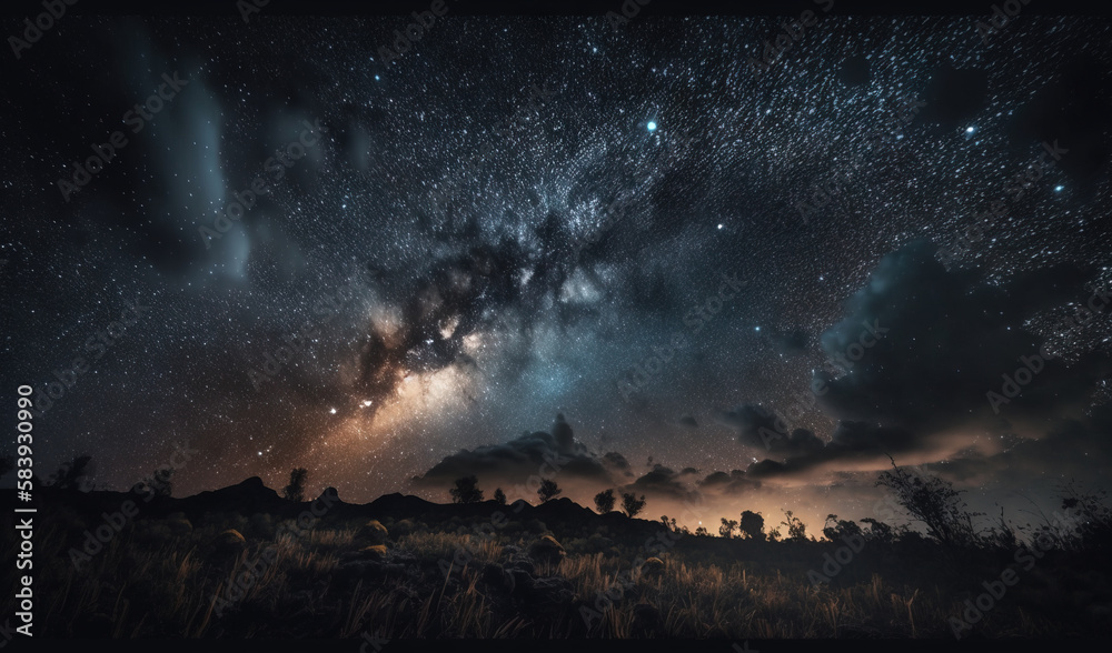 the night sky with stars and clouds above a grassy hill. generative ai the night sky with stars and clouds above a grassy hill. generative ai