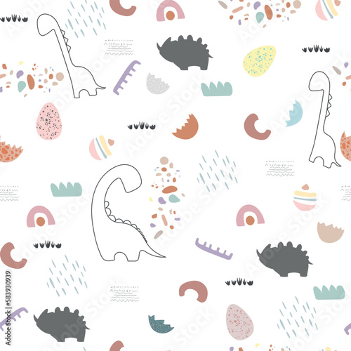  Funny cartoon dinosaurs and eggs. Hand drawn vector doodle set for kids. Good for textiles, nursery, wallpapers, wrapping paper, clothes. 