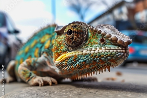 Chameleon closeup portrait with fish eye lens effect on the city road. Close up city street, animal portrait, camouflage animal. Generative AI.
