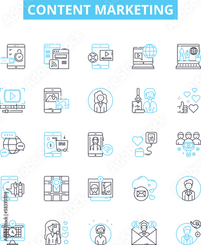 Content marketing vector line icons set. Content, Marketing, Strategy, Blogging, SEO, Social, Advertising illustration outline concept symbols and signs