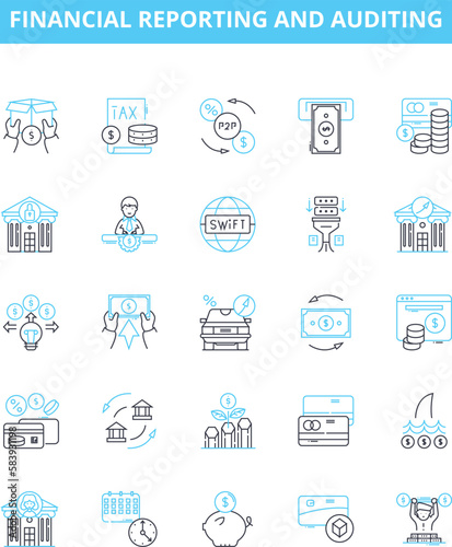 Financial reporting and auditing vector line icons set. Auditing, Finance, Reporting, Financial, Statements, Records, Analysis illustration outline concept symbols and signs