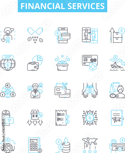 Financial services vector line icons set. Finance, Banking, Payments, Investment, Insurance, Wealth, Loan illustration outline concept symbols and signs
