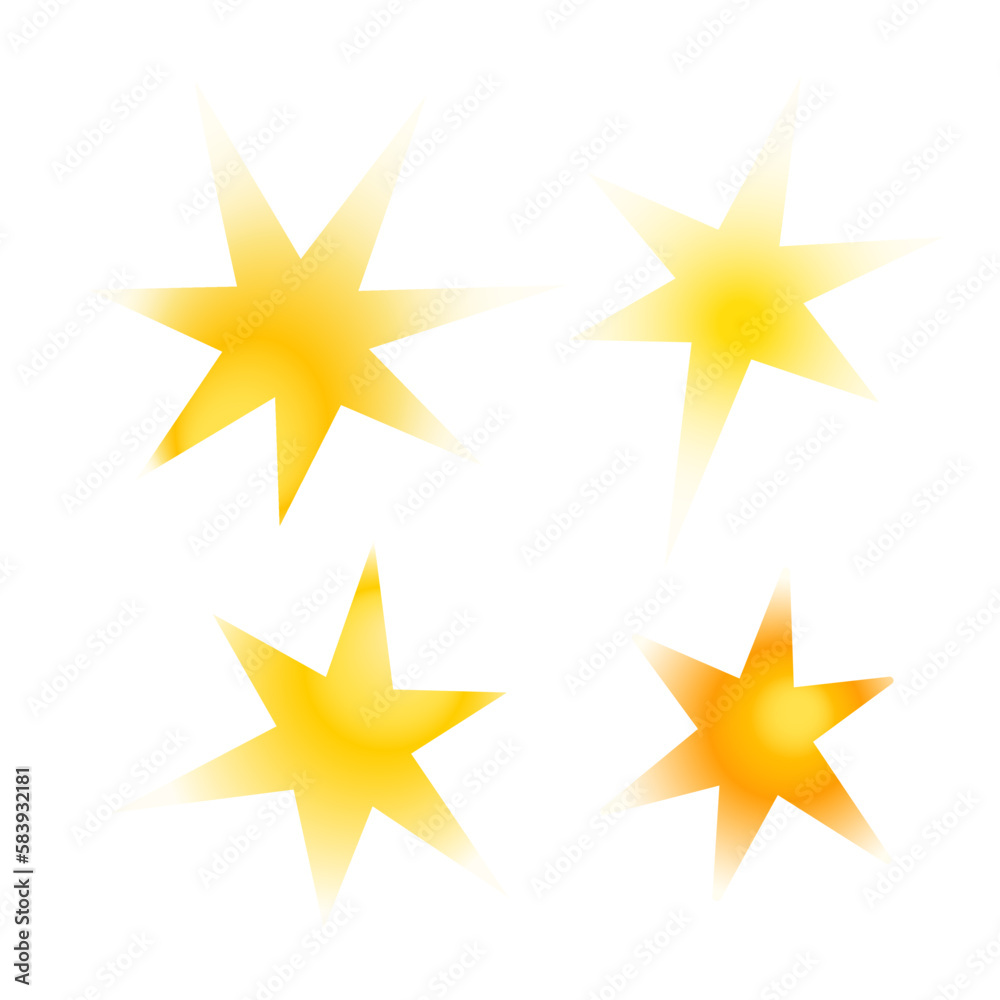 Yellow stars set, blurred y2k aura gradient vector illustration objects for minimalist design logo, romantic cards, banners, social media, space topical decor