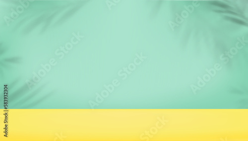 Studio background ,Yellow, Green Pastel color with Leaves Shadow Overlay on Empty Cement Wall texture,Vector 3D Backdrop Background for Spring,Summer Presentation,Cosmetic Product sale online