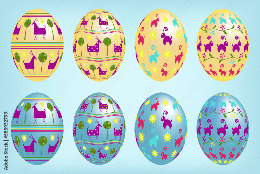 Set of volumetric Easter eggs in yellow and blue with multicolored ornaments. Symbol of a religious holiday