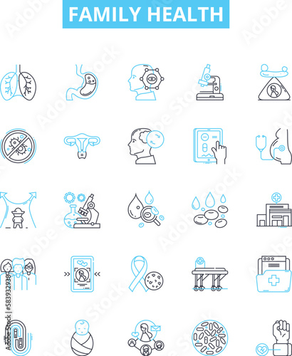 Family health vector line icons set. Family, Health, Wellbeing, Nutrition, Exercise, Lifestyle, Pediatric illustration outline concept symbols and signs