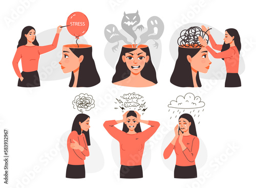 Sad woman cry, get angry, feel stressed. A frustrated woman with problems. Stress Awareness.  Bipolar disorder. Mental health. Flat modern vector illustration.