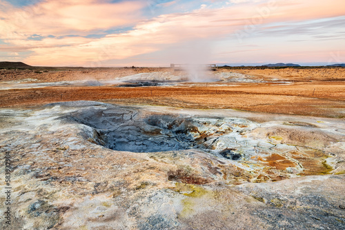 Boiling mudpots in Hverir geothermal area in Myvatn region, North of Iceland