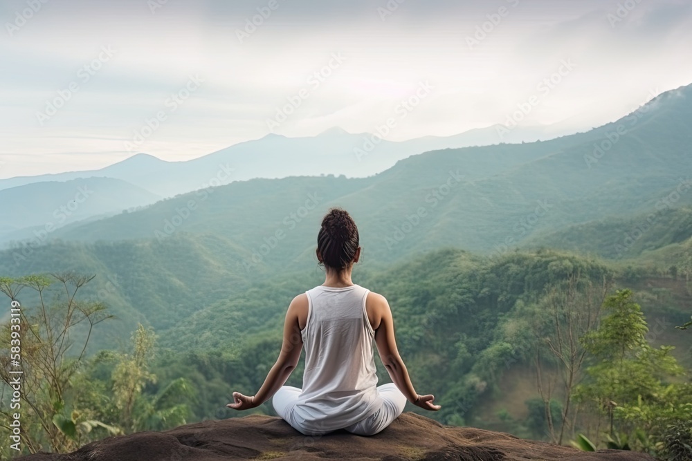 Healthy wellness woman yoga breathing meditating in lotus position. Generative AI