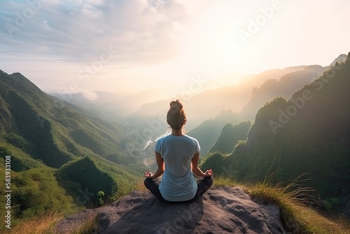 Healthy wellness woman yoga breathing meditating in lotus position. Generative AI © AI Farm
