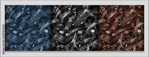 Set of 3 seamless camouflage patterns with grunge paint brush strokes, blots, halftone. Dense random chaotic composition. Good for apparel, fabric, textile, sport goods. Grunge texture