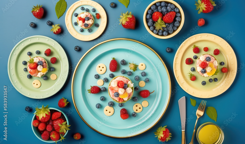 a blue table topped with plates and bowls of fruit next to a bowl of orange juice. generative ai a blue table topped with plates and bowls of fruit next to a bowl of orange juice. generative ai