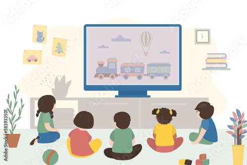 Group of children sit in front of big TV and watch cartoons. Friends have fun, spend time watching TV, entertainment. Funny preschool kids. Room interior with furniture.