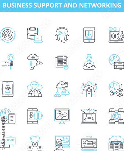 Business support and networking vector line icons set. Networking, Business, Connectivity, Support, Facilitation, Relationships, Alliance illustration outline concept symbols and signs