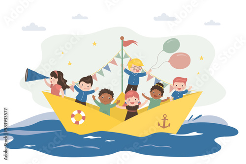 Funny children sailing on paper boat. Children play, imagination, friendship. Kids play sailors or pirates. Happy and cheerful childhood. Group of multiethnic kids have funny game