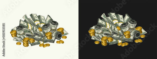 Pile, heap of cash money, coins. Colorful vintage illustration with money rolls, wads, stacks of US 100 dollar bills on black, white background. Concept of wealth and success.