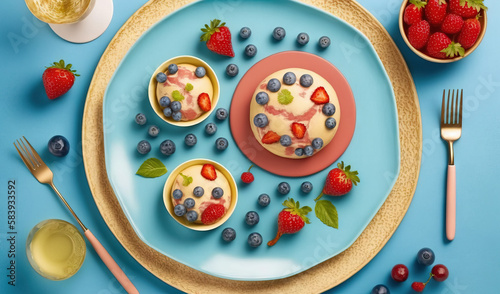  a blue plate topped with a muffin covered in fruit. generative ai