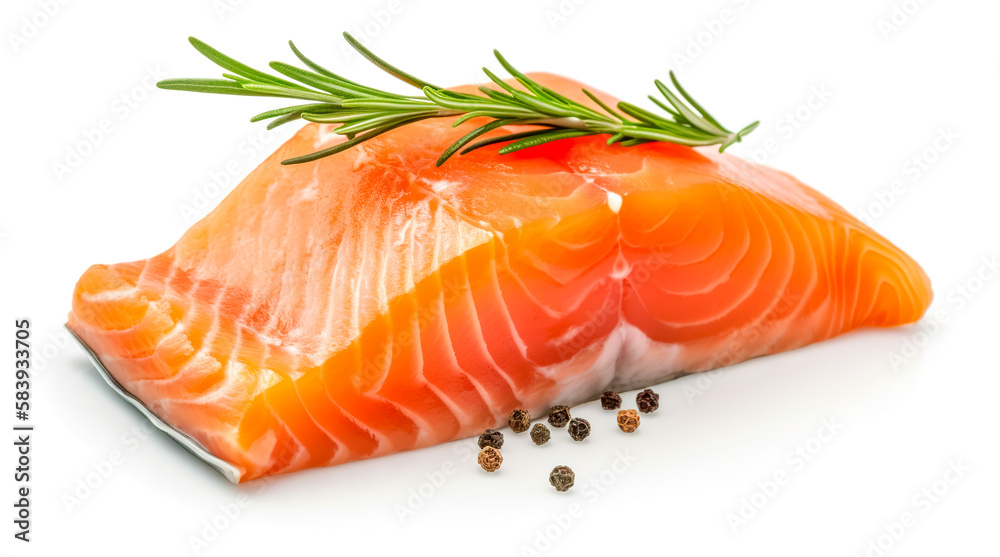 slice of fresh raw salmon on white background. Generative AI slice of fresh raw salmon on white background. Generative AI